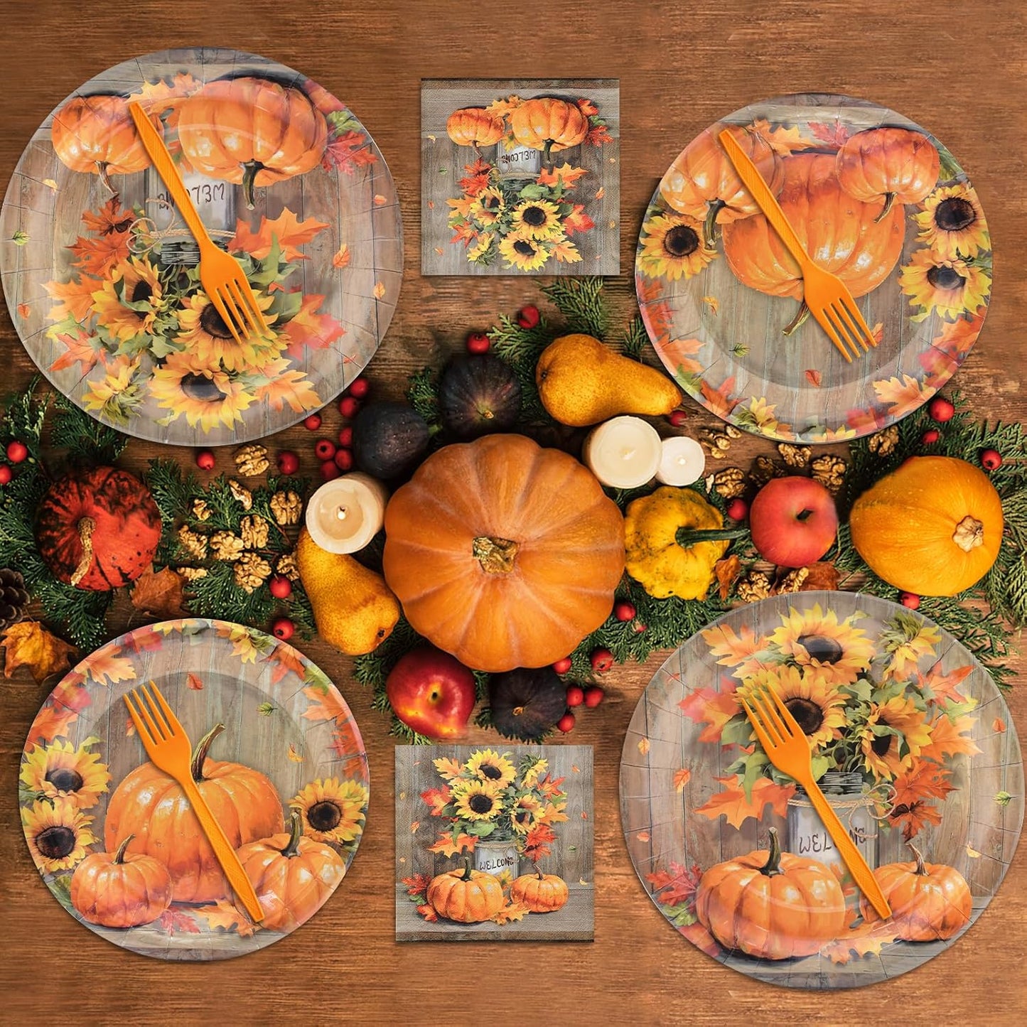 96 Pieces Thanksgiving Tableware Set – Rustic Pumpkin and Sunflower Disposable Dinnerware with Paper Plates, Napkins, and Forks for Thanksgiving Harvest Friendsgiving Fall Parties, Serves 24 Guests