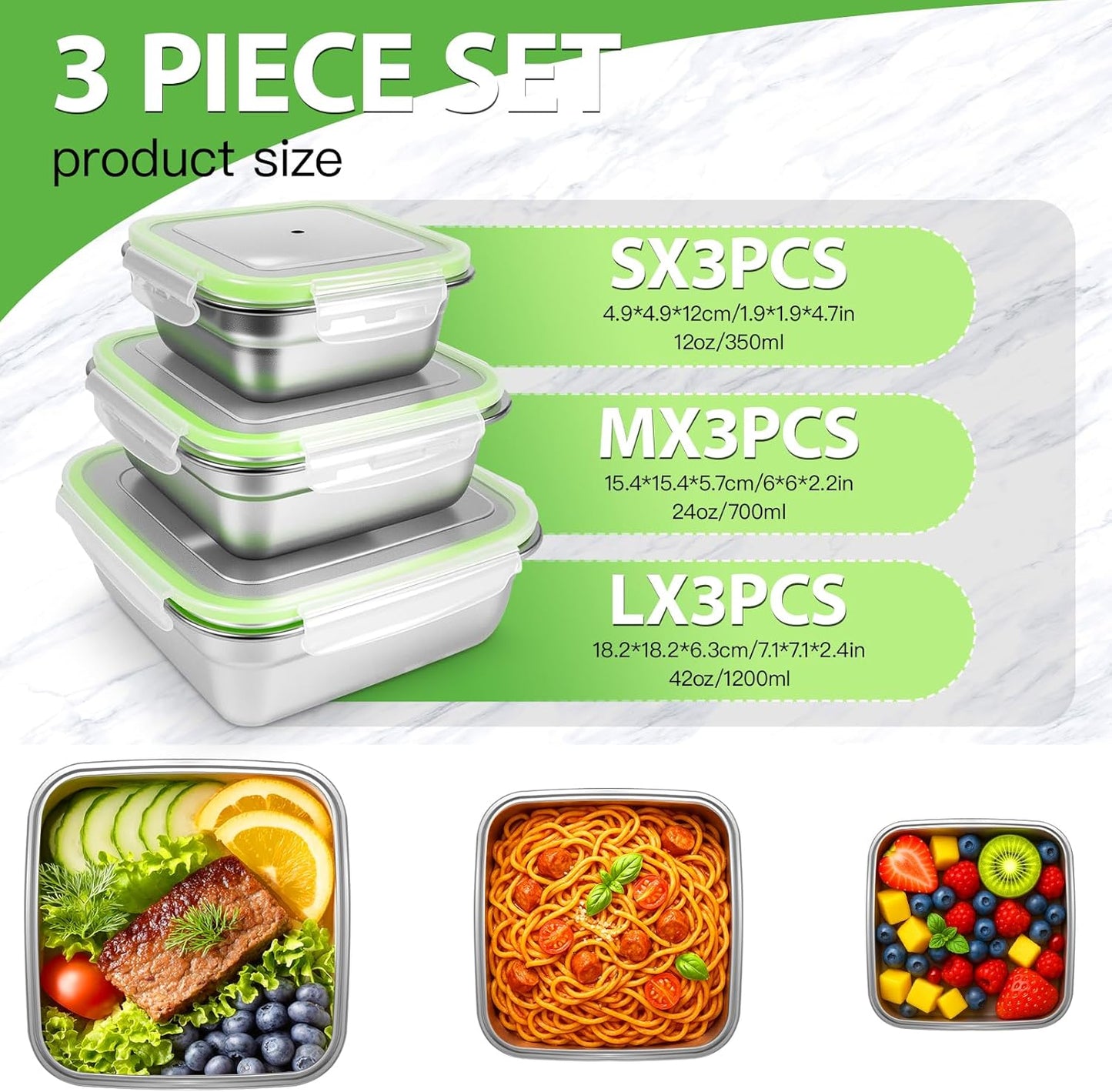 3 Pack Stainless Steel Sandwich Containers with Leak-Proof Lids, BPA-Free Airtight Metal Food Storage Boxes for Lunch, Snacks, Meal Prep – Reusable, Stackable, Dishwasher & Freezer Safe(Green)