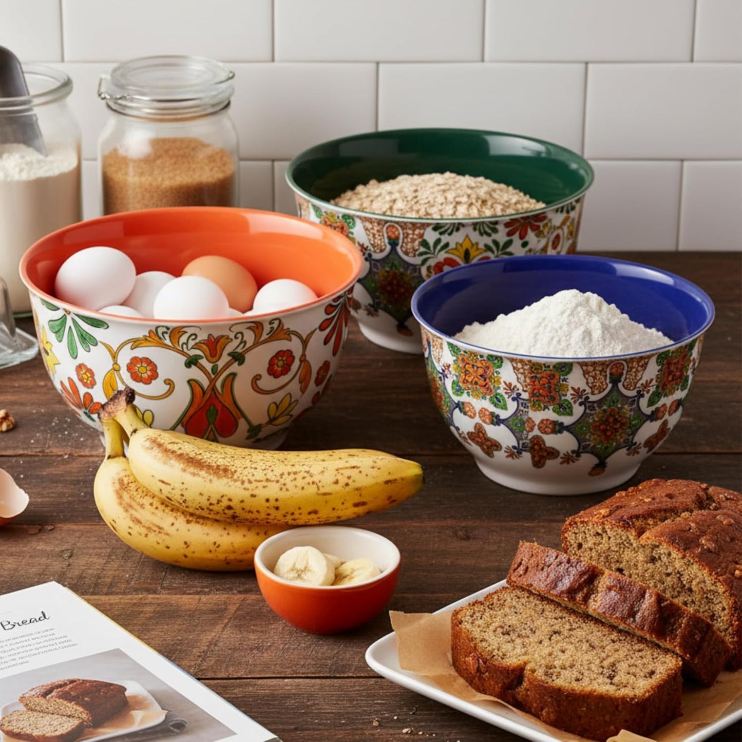 TP Large Mixing Bowl Set with Lids, Melamine Nesting Bowls Set for Pasta Baking Salad Mixing, Set of 3, Aztec Bloom