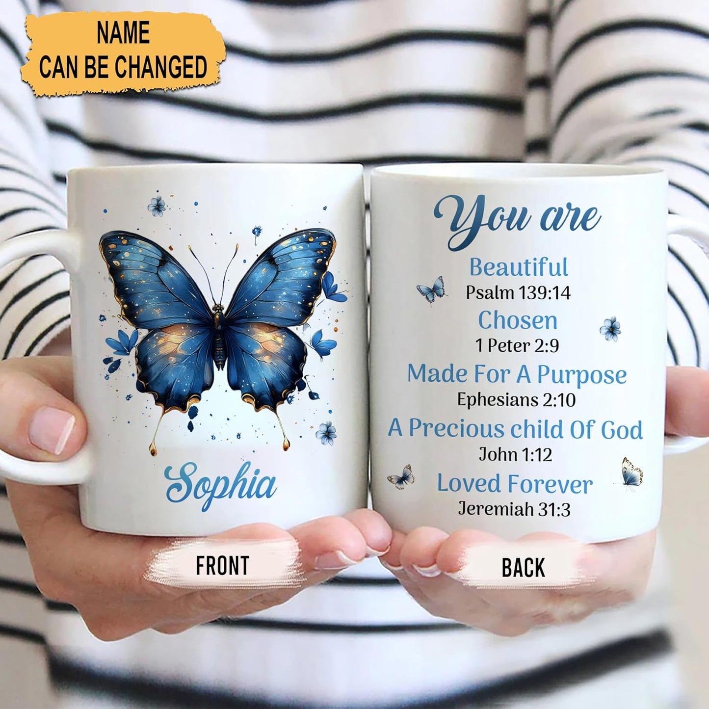 Hyturtle Personalized Blue Butterfly Christian Mug - Christian Gifts For Women - Religious Gifts For Her On Birthday - Bible Verse Present On Mother Day - Custom Coffee Cup Ceramic Mug 11 Oz 15 Oz