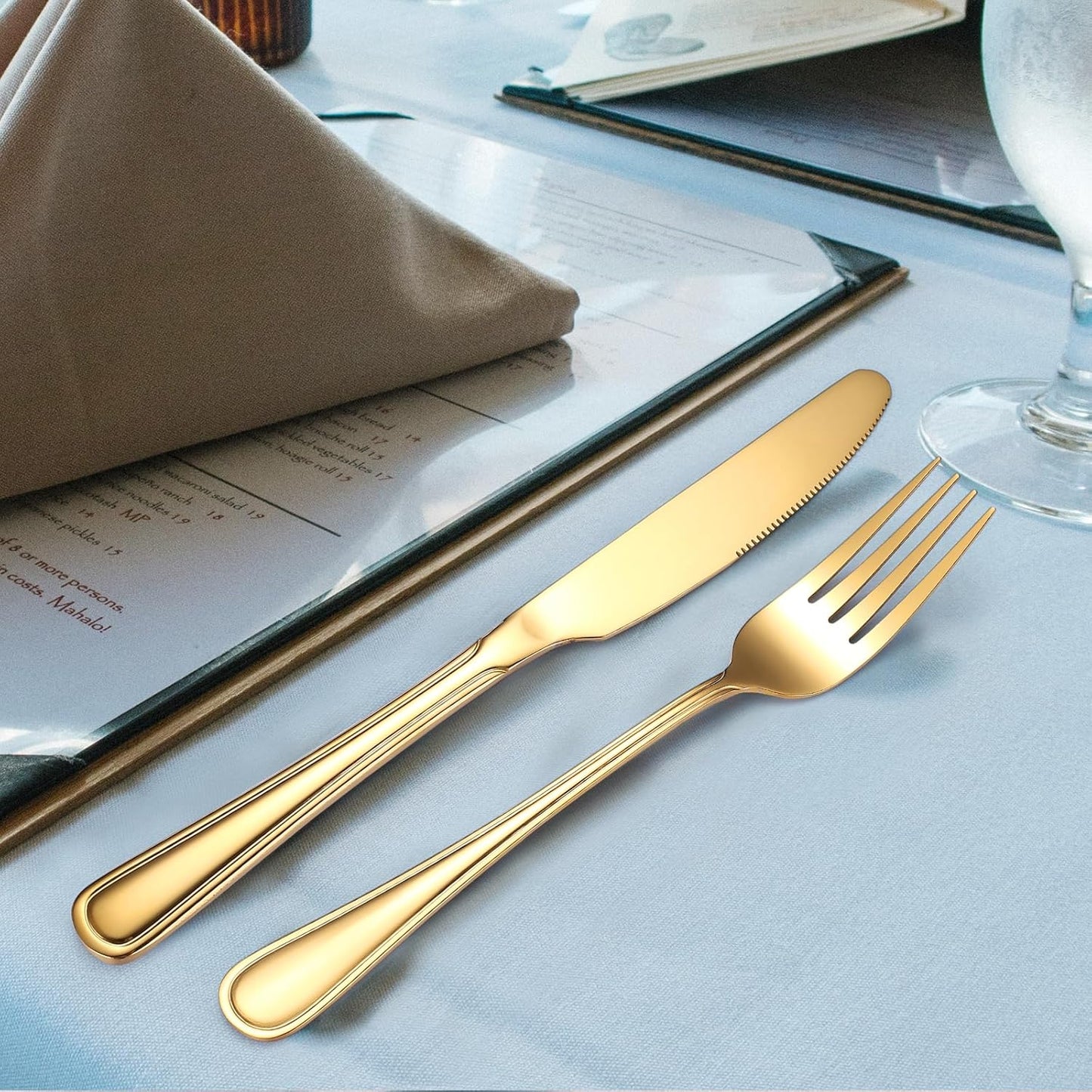 Gold Silverware Flatware Set for 4 Person Luxury Stainless Steel Cutlery 20 Pieces Forks Knives Spoons Modern Eating Utensils Double Line Edges Handle