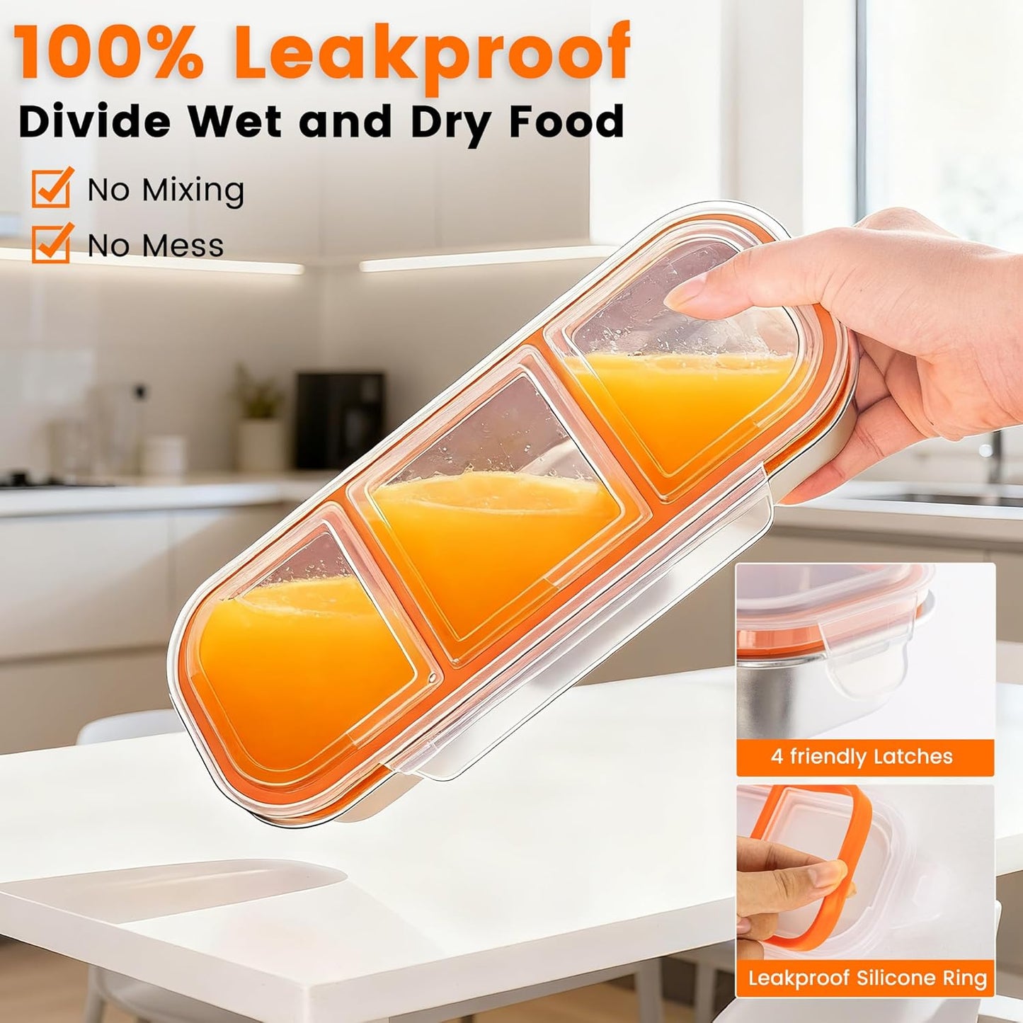 Bandesun Stainless Steel Snack Containers for kids, Leak Proof 3 Compartment Food Storage Containers with Lids, Reusable Stackable Lunch Box for Travel, School, Home, Travel 1Pack