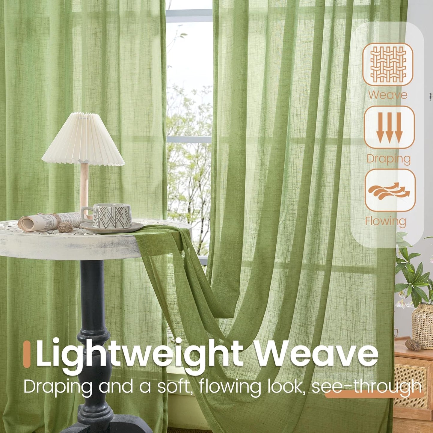 BGment 54 Inch Length Green Curtains for Short Living Room Windows - Natural Linen Drapes Rod Pocket Light Filtering for Dining Room Kitchen Country Lightweight Semi Sheer, 2 Panels Set, 42 X 54 Inch