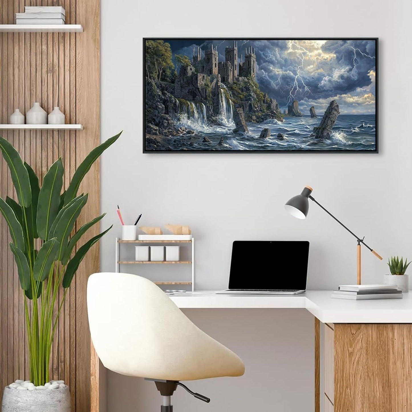 QZQCBLC Canvas Wall Art Framed, Medieval Style Vicissitudes Castle Wall Pictures for Living Room Bedroom Kitchen Bathroom Office Ocean Cliff Lightning Landscape Paintings Home Decor 20"X40"