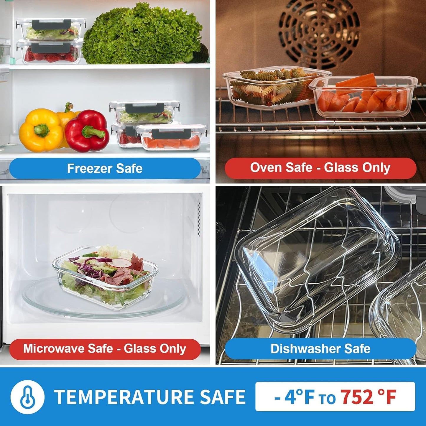 12 Pack 22oz Glass Meal Prep Containers, Food Storage Containers with Lids, Air-Tight, Leak-Resistant, Freezer to Microwave Safe - Grey Set