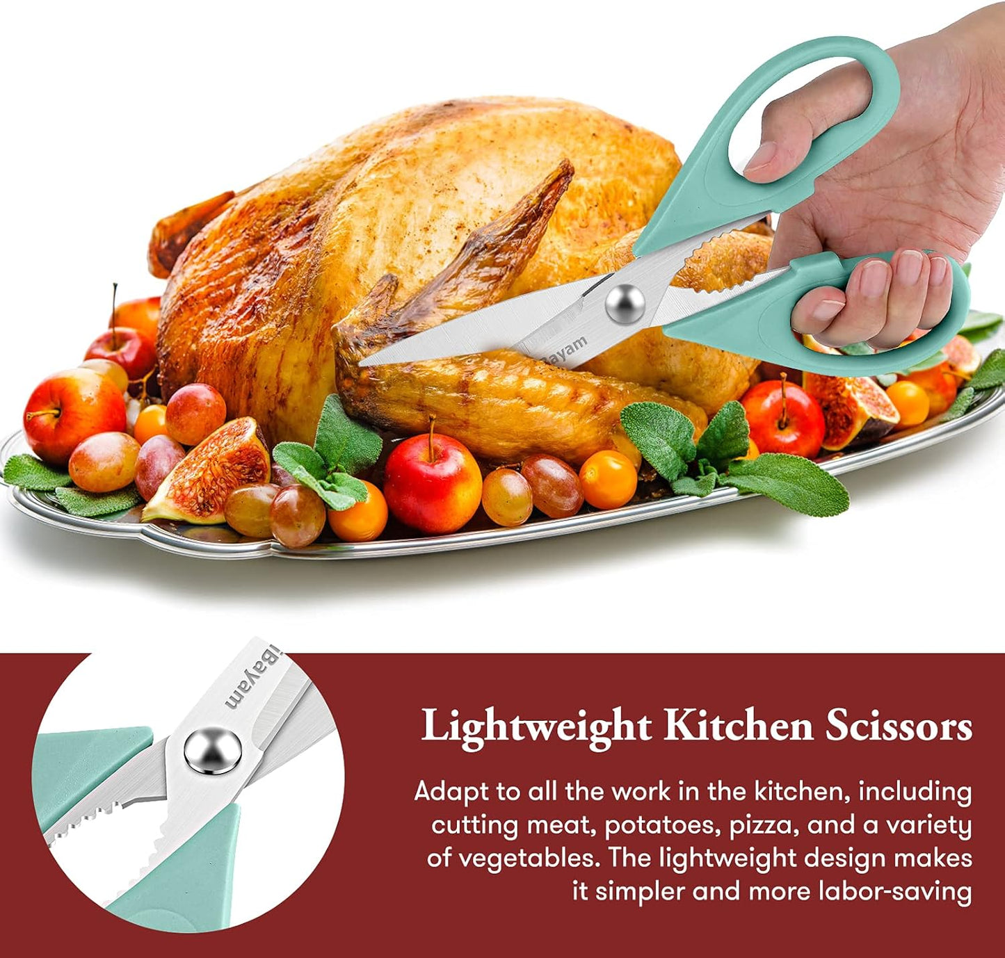 Kitchen Shears, iBayam Kitchen Scissors All Purpose Heavy Duty Meat Poultry Shears, Dishwasher Safe Food Cooking Stainless Steel Utility Scissors, Home Apartment Essentials, 2-Pack, Black, Aqua Sky