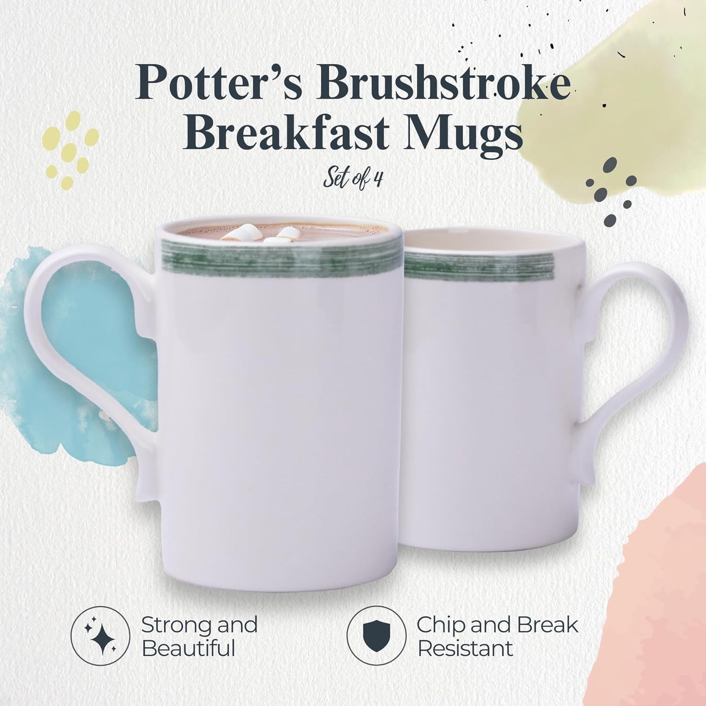 Portmeirion Potter's 9oz Brushstroke Breakfast Mug (Set of 4) - Elegant Earthenware Tea Mugs with Handle, Microwave, Dishwasher & Freezer Safe - Ideal Gift for Coffee Lovers (Brushstroke Green)