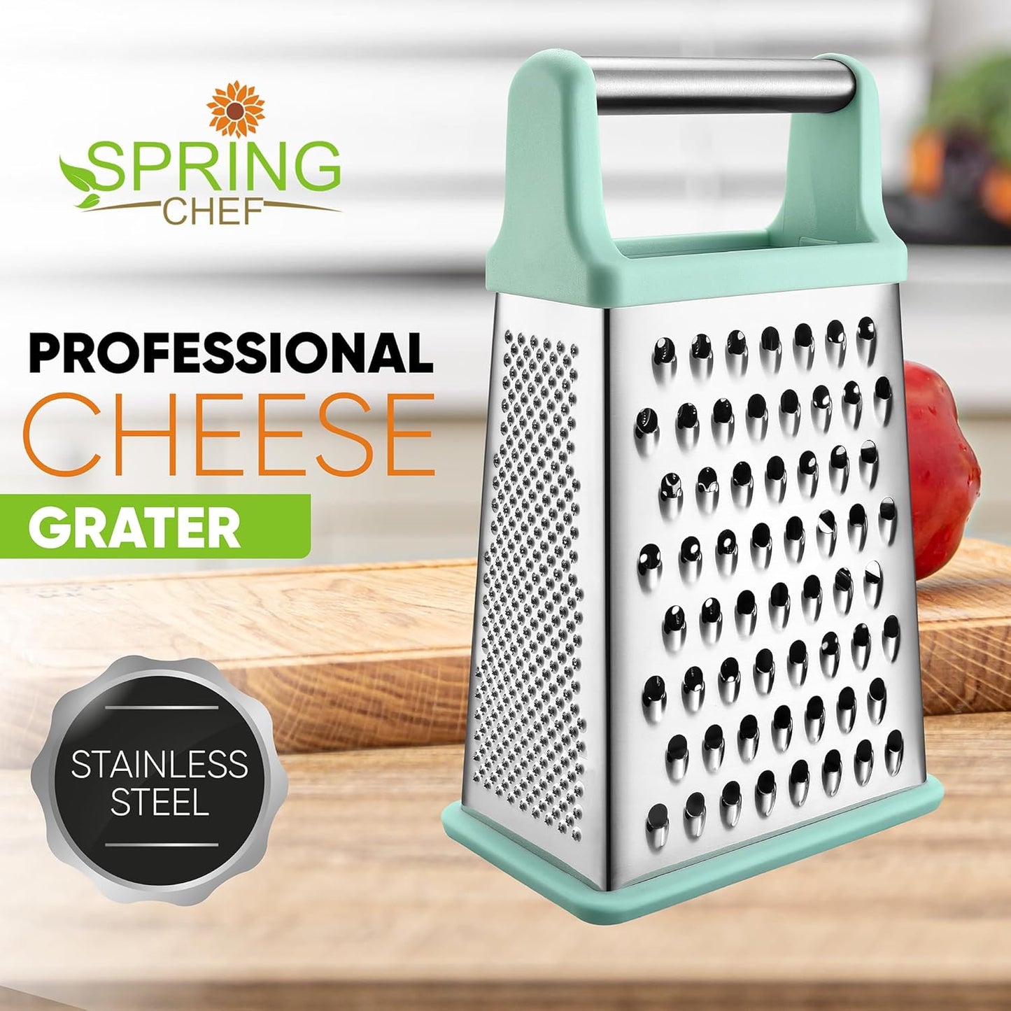 Spring Chef Professional Cheese Grater - Stainless Steel Box Grater for Kitchen, XL Size - Perfect 4 Sided Shredder for Parmesan Cheese, Vegetables, Ginger - Dishwasher Safe - Mint