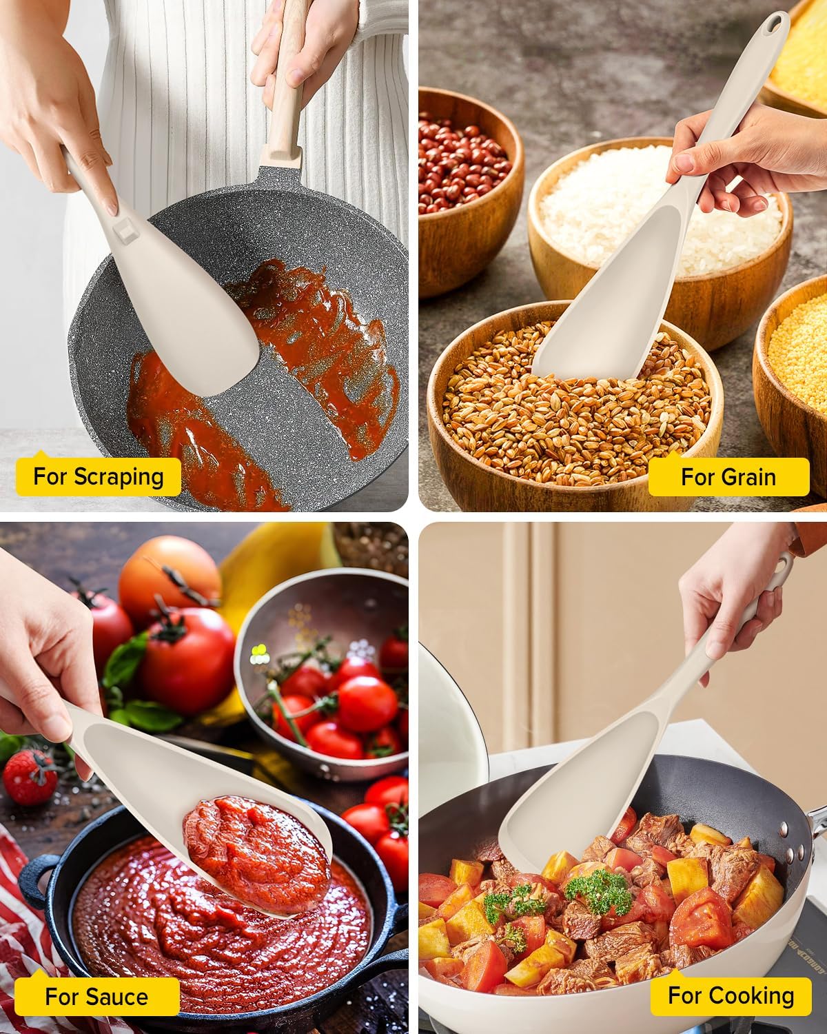 Pack of 2 Cooking Spoons for Non Stick Cookware, Multifunction Spatula Spoon BPA-Free, One-Piece Design, Suitable for Scooping, Scraping, Serving and Mixing (KHAKI-KHAKI)