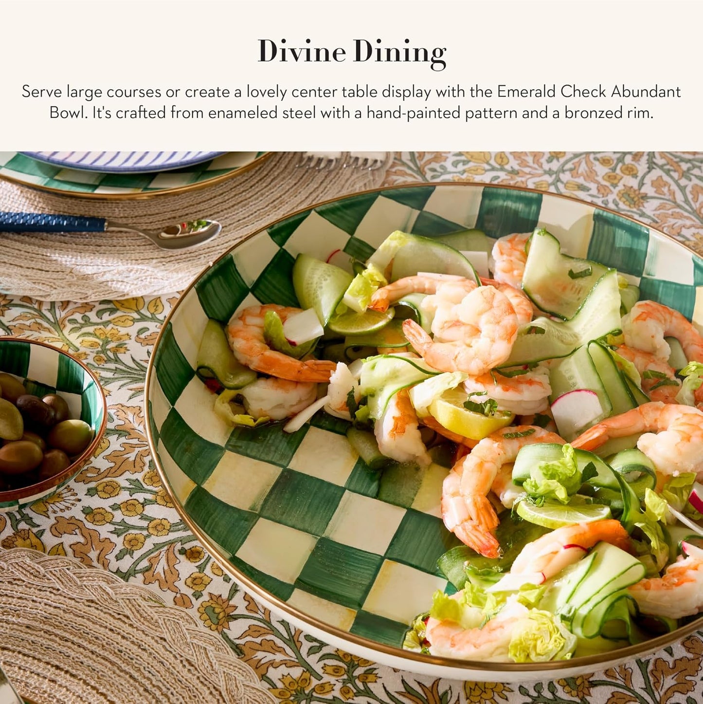 MACKENZIE-CHILDS Enamel Abundant Bowl, Serving Bowl or Fruit Bowl for Display, 13-Cup Capacity, Green-and-White Emerald Check