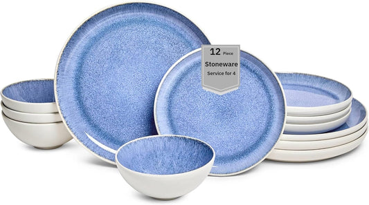 Sango 12-Piece Stoneware Dinnerware Set for 4, Light Blue Reactive Glaze on White Plates and Bowls Sets, Kitchen Ceramic Dish Set, Modern Dishes for Everyday Dining, Microwave & Dishwasher Safe, Cove