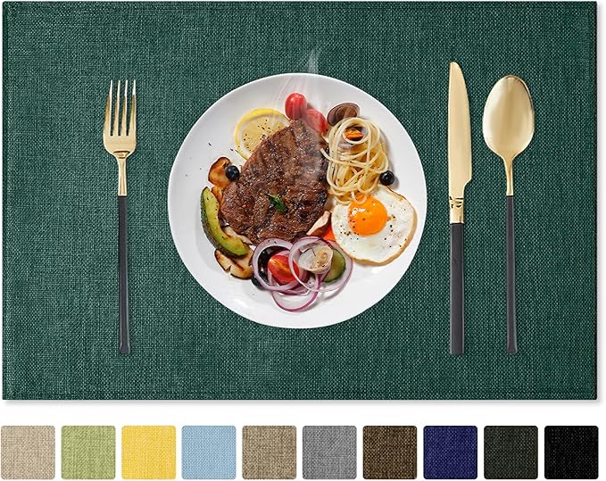 Romanstile Cloth Placemats Set of 6-12 x 18 Inch, Heat Resistant Double Layered Thickened Burlap Christmas Place Mats, Washable Linen Farmhouse Table Mats for Kitchen/Dining/Party/Outdoor, Green