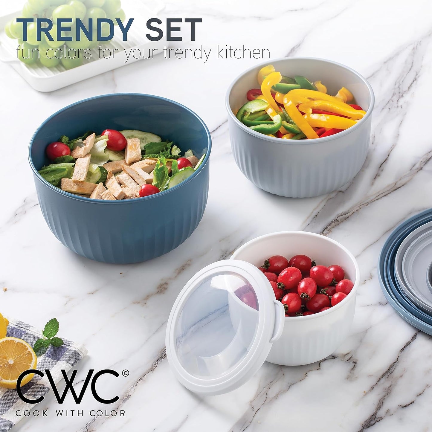 COOK WITH COLOR Prep Bowls with Lids- Wide and Deep Nesting Plastic Small Mixing Bowl Set with Lids, 12 Piece Set - Deep Bowls, Blue/Grey