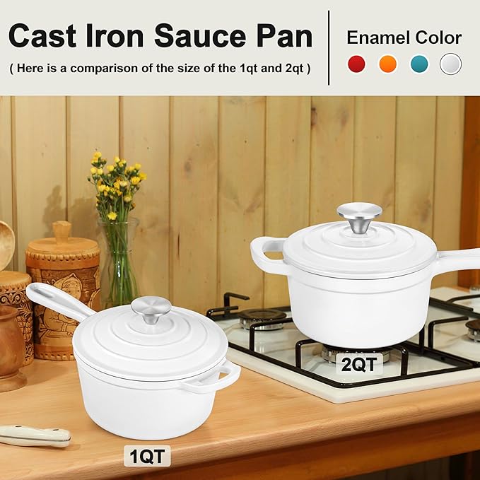 Enameled Cast Iron Sauce Pan with Lid, Leonyo 2 Quart Saucepan with Lid, Heavy Duty Cast Iron Pot Dutch Oven Kitchen Cookware for All Cooktops Making Pasta, Milk, Egg- Up to 500°F & 6.7Lbs, White