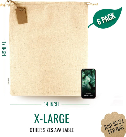 Cotton Storage Bags – X-Large 14x17 Inch (6-Pack) – Reusable Muslin Bags with Drawstrings – Biodegradable Canvas Fabric Sacks – Perfect for Bread, Bulk Produce, Potatoes, Onions, Shoes