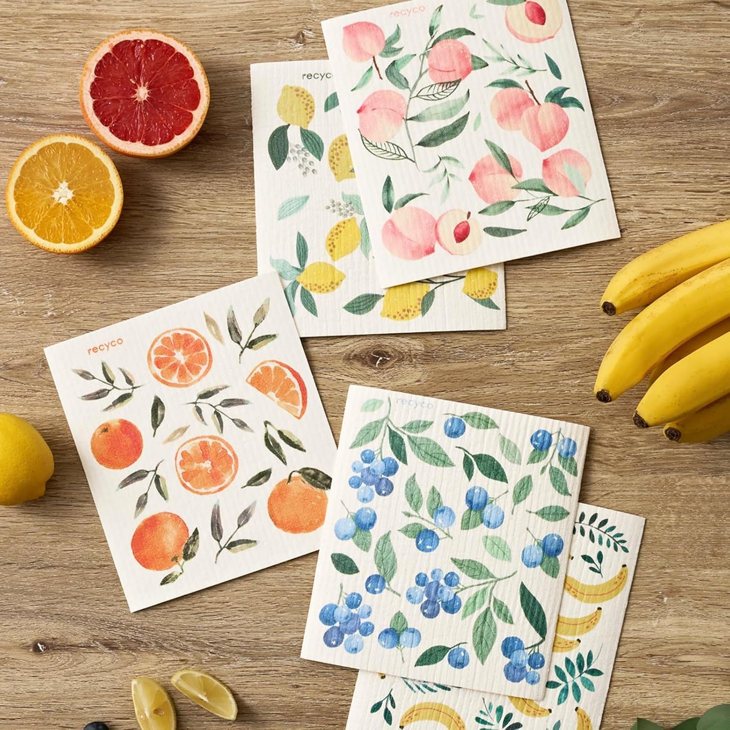 RECYCO Swedish Dishcloths for Kitchen | 5 Pack Washable Dish Rags | Cellulose Reusable Cleaning Paper Towels | Absorbent Counter Dish Cloth Sponge Kitchen Wipes, 8" L x 7" W