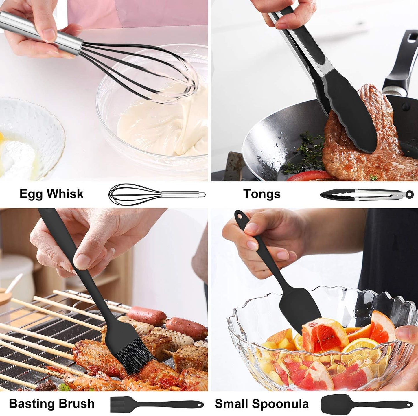 LIANYU 14 Pcs Cooking Utensils Set with Holder, Heat Resistant Silicone Kitchen Cookware Utensils Set, Kitchen Cooking Tools Includes Spatula Spoon Turner Whisk Tong, Dishwasher safe, Black