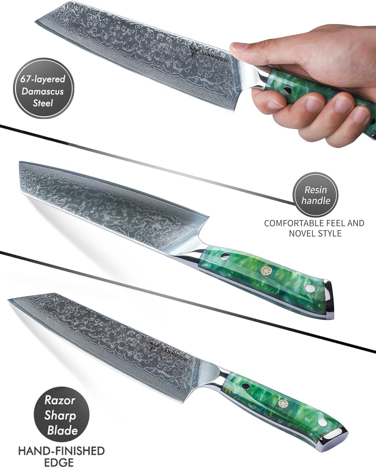 8.5 inch Kiritsuke Kitchen Chef Knife - 67 Layers Damascus Steel & Resin Handle - Xuan Series(Jade Green)