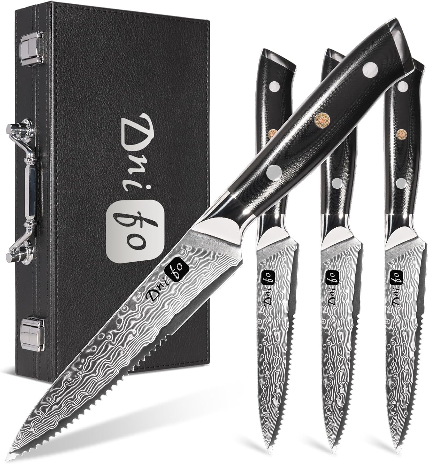 Steak Knives Set of 4,5 Inch VG10 Japanese Steak Knives, Damascus Pattern Half-serrated Meat Knife with Full Tang Handle,Razor-Sharp Durable Dinner Knives with Gift Box