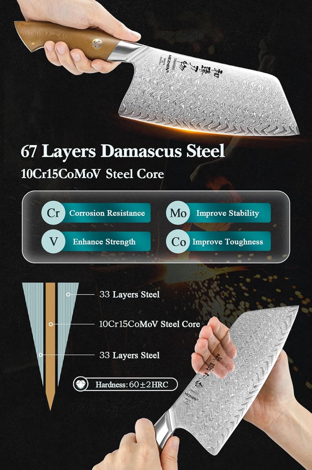 HEZHEN Damascus Meat Cleaver Knife, 7.5 Inches, 67 Layers Damascus Steel Vegetable Cleaver, Professional Butcher Knife for Meat Cutting, Ultra-sharp Blade with Linen Micarta Handle, Gift Packing