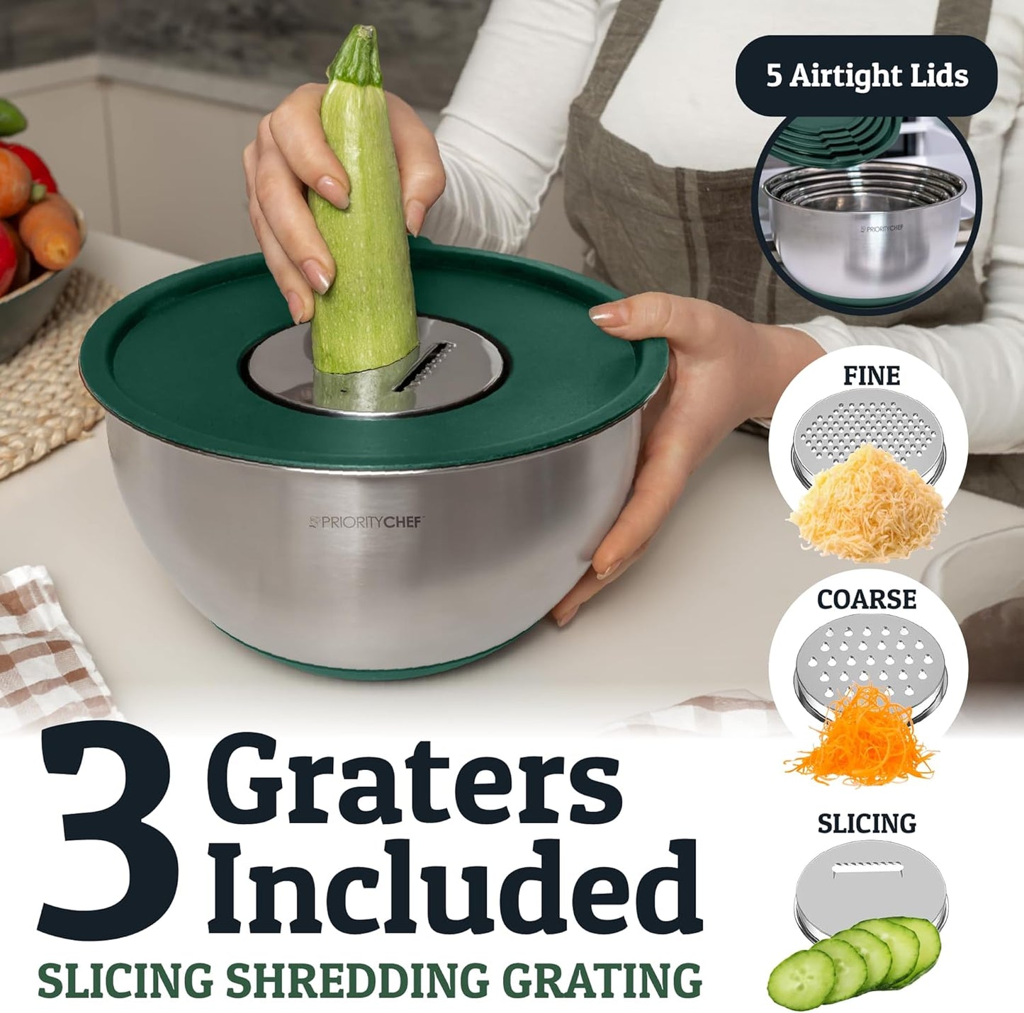 Priority Chef Stainless Steel Mixing Bowls with Lids Set, Metal Nesting Bowls with Airtight Lids, Graters, Non-Slip Base & Measurement Marks, Includes Utensil Set for Prep, Baking & Storage, Green