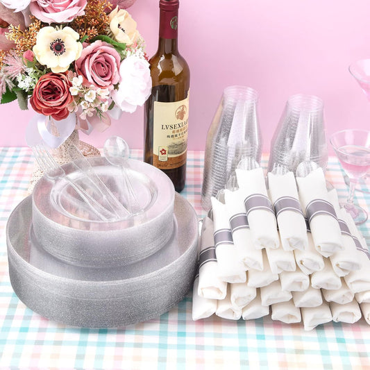 DaYammi 350 Pieces Silver Glitter Dinnerware Set 50 Guest for Party- 50 Dinner Plates, 50 Dessert Plates- 50 Per Rolled Napkins with Silver Cutlery- 50 Disposable Cups 9 OZ