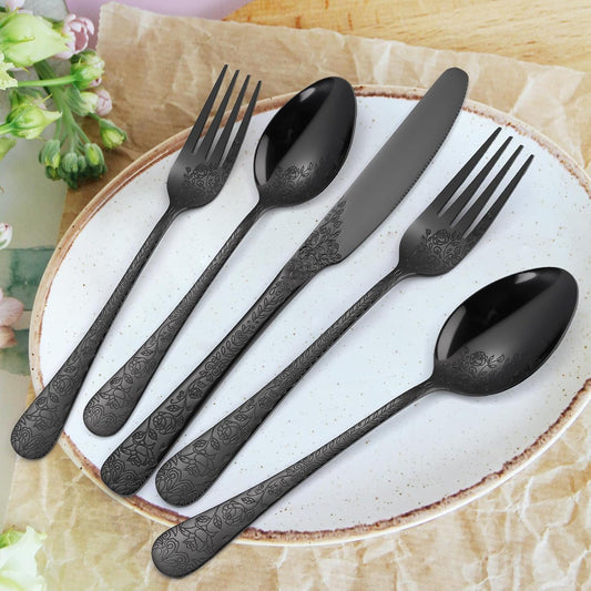Floral Flatware Set Black for 6 Stainless Steel Silverware 30 Piece Cutlery Unique Eating Utensils Tableware Stylish Fork Spoon Knife With Embossing Rose Flower Handle Festival Parties