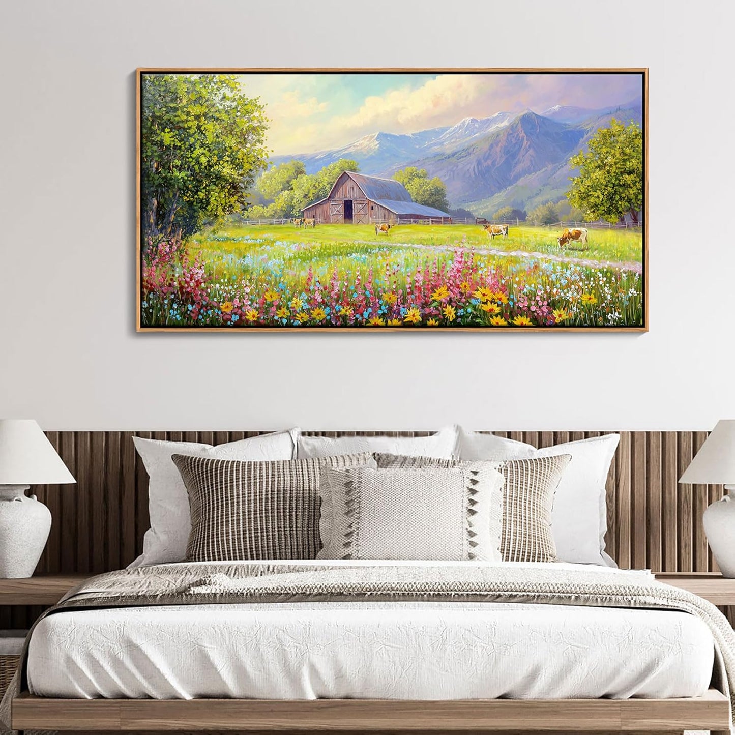 AJAZIKO Rustic Mountain Wall Art,Farmhouse Landscape Wall Decor with Highland Cow & Floral Art - Nature & Country Artwork for Living Room, Bedroom & Walls - Framed Flower Pictures for Home 24x48IN