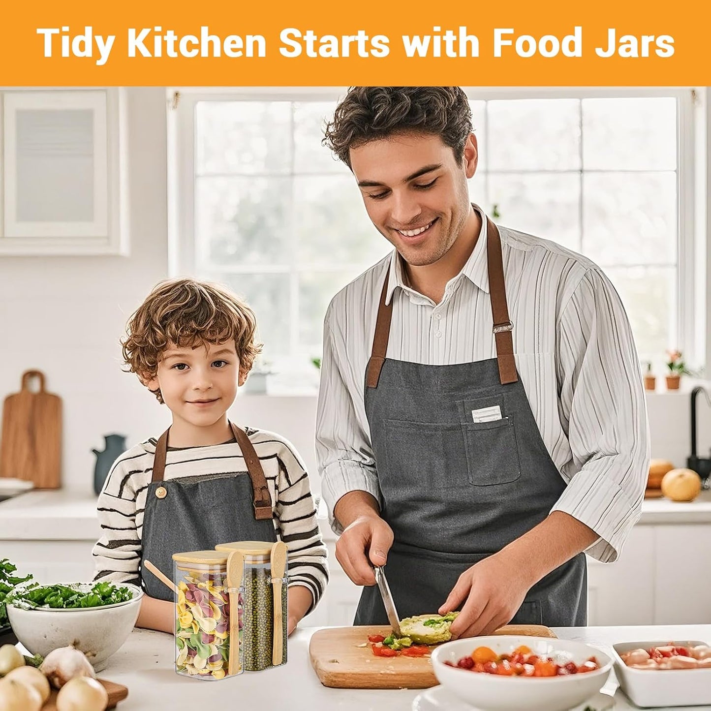 Glass Jars with Bamboo Lids and Spoons - 4 Pack 23 Fl.oz Square Glass Pantry Jars with Airtight Lid, Includes Labels and Marker, Loose Leaf Tea Storage Container for Sugar, Coffee, Oats, Candy