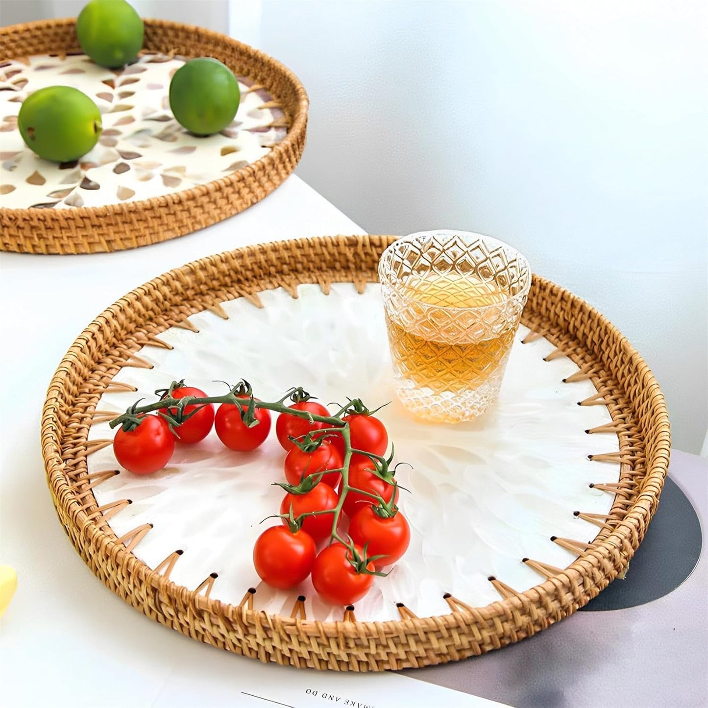 i-lan Set of 3 Rattan and Mother of Pearl Round Serving Trays,3pcs Desk Table Serving Platters,Woven Basket Inlaid Mother of Pearl Plates for Home Décor, Coffee Table,Display