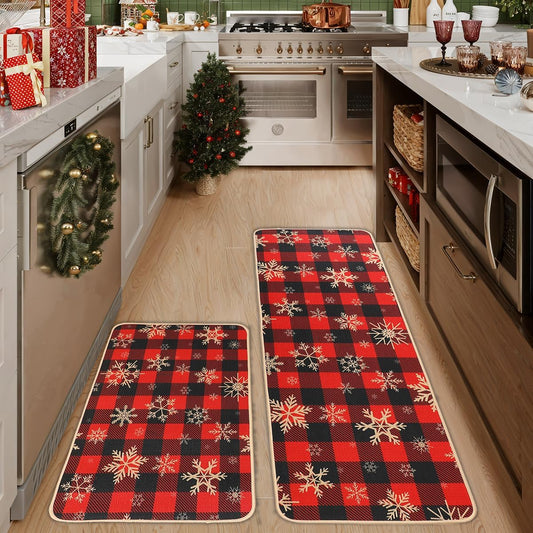 Larponder Christmas Snow Snowflake Kitchen Mats Set of 2, Non-Slip Absorbent Rug and Door Mats, Home Decor Kitchen Floor Rugs for Winter - 17x24 and 17x48 Inch