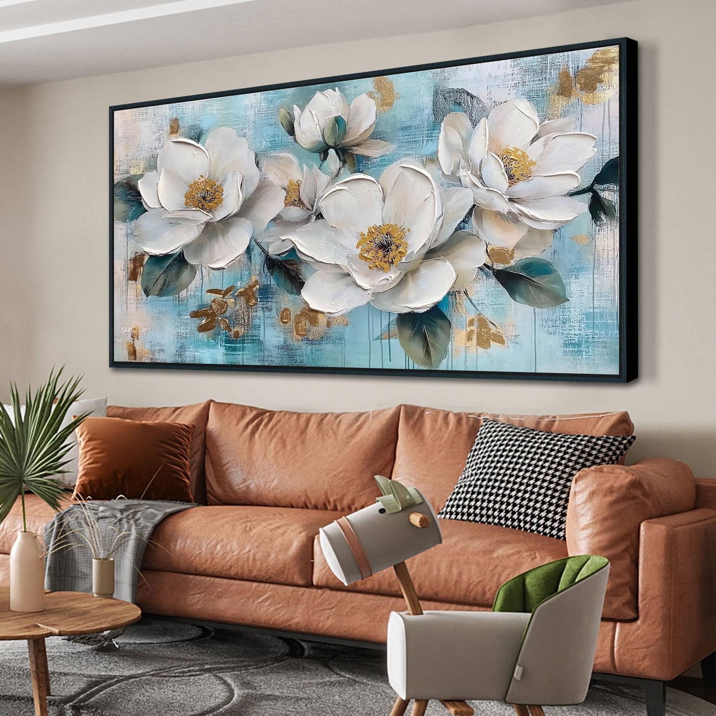Ardemy White Floral Wall Art, Framed Canvas Wall Art For Living Room Large Teal Pictures Wall Decor Flower Paintings Artwork for Walls Dining Room Bedroom Home Office 58"x29"