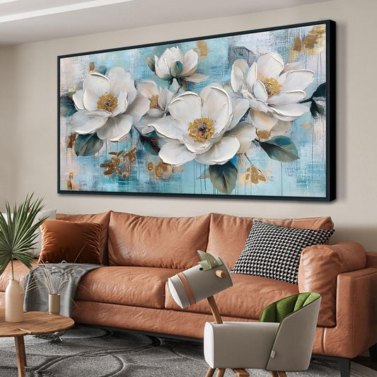 Ardemy White Floral Wall Art, Framed Canvas Wall Art For Living Room Large Teal Pictures Wall Decor Flower Paintings Artwork for Walls Dining Room Bedroom Home Office 58"x29"