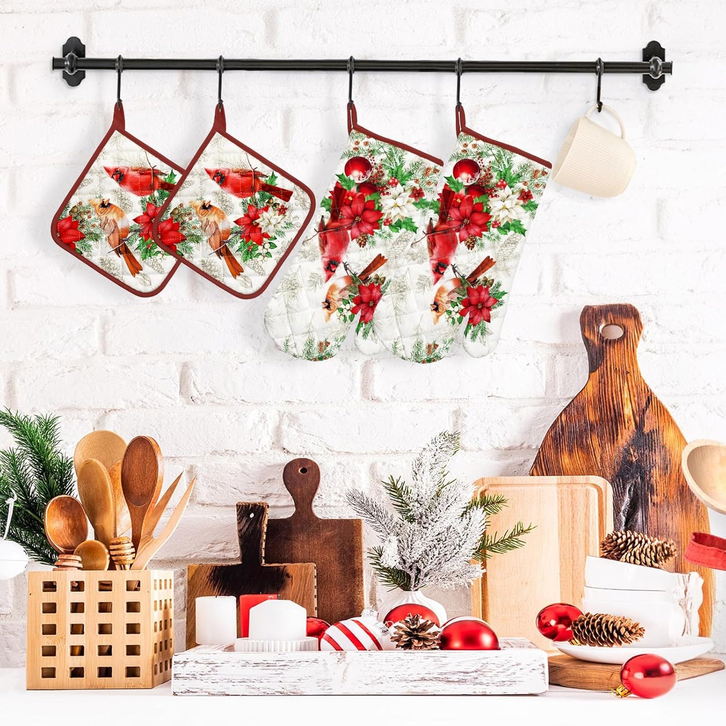 Christmas Cardinal Oven Mitts and Pot Holders Sets 4Pcs, 100% Cotton Heat Resistant, Extra Long Oven Gloves Potholder for Kitchen Cooking Baking Decoration