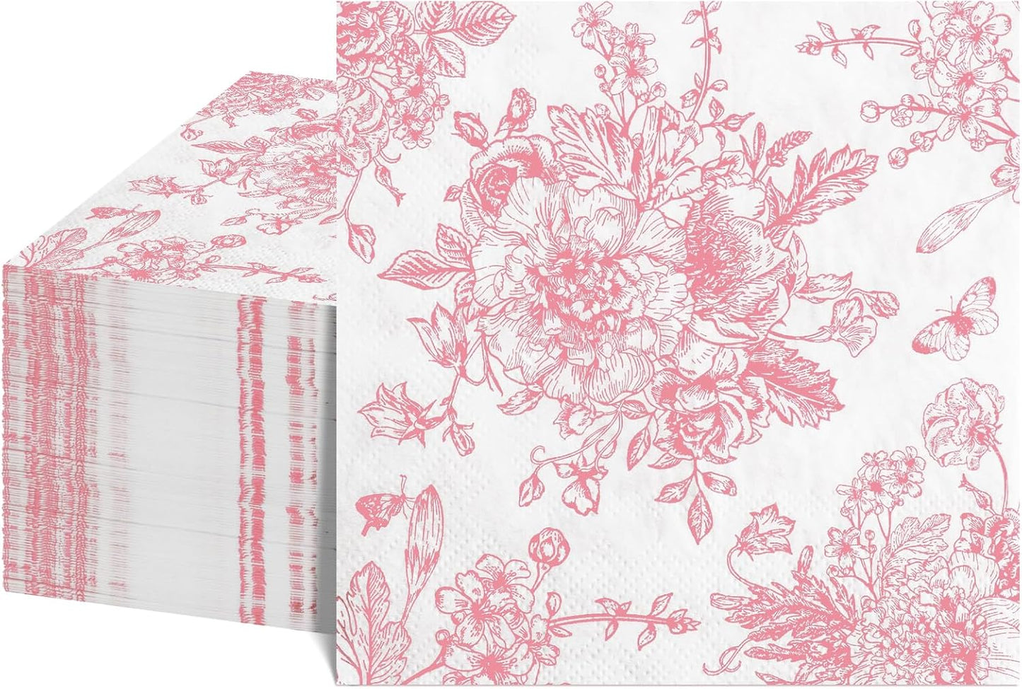 100 Pcs Pink Floral Napkins, Pink and White Toile Cocktail Napkins Vintage Flower Butterfly Design Cute Decoupage Napkin for Wedding, Bridal Baby Shower, Tea Party, 5 x 5 Inch