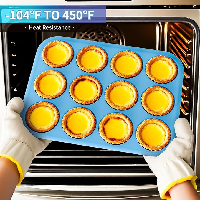 Bangp 12-Cup Silicone Muffin Pan with Metal Reinforced Frame,2 Pack Regular Size Cupcake Pan,Premium Non-Stick Bend Resistance Silicone Molds for Making Muffin,Cakes,Tart,Egg Bites (Blue)