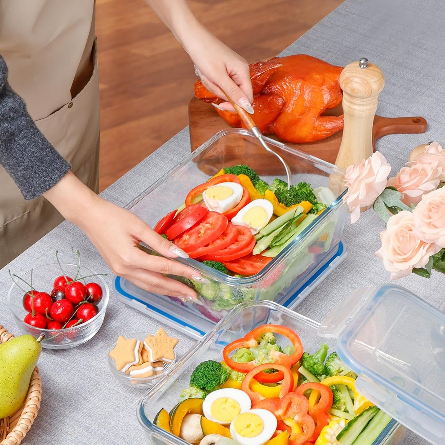 NUTRIUPS 3.3L Large Glass Food Storage Containers, Rectangular Meal Prep Containers, Food Storage Containers