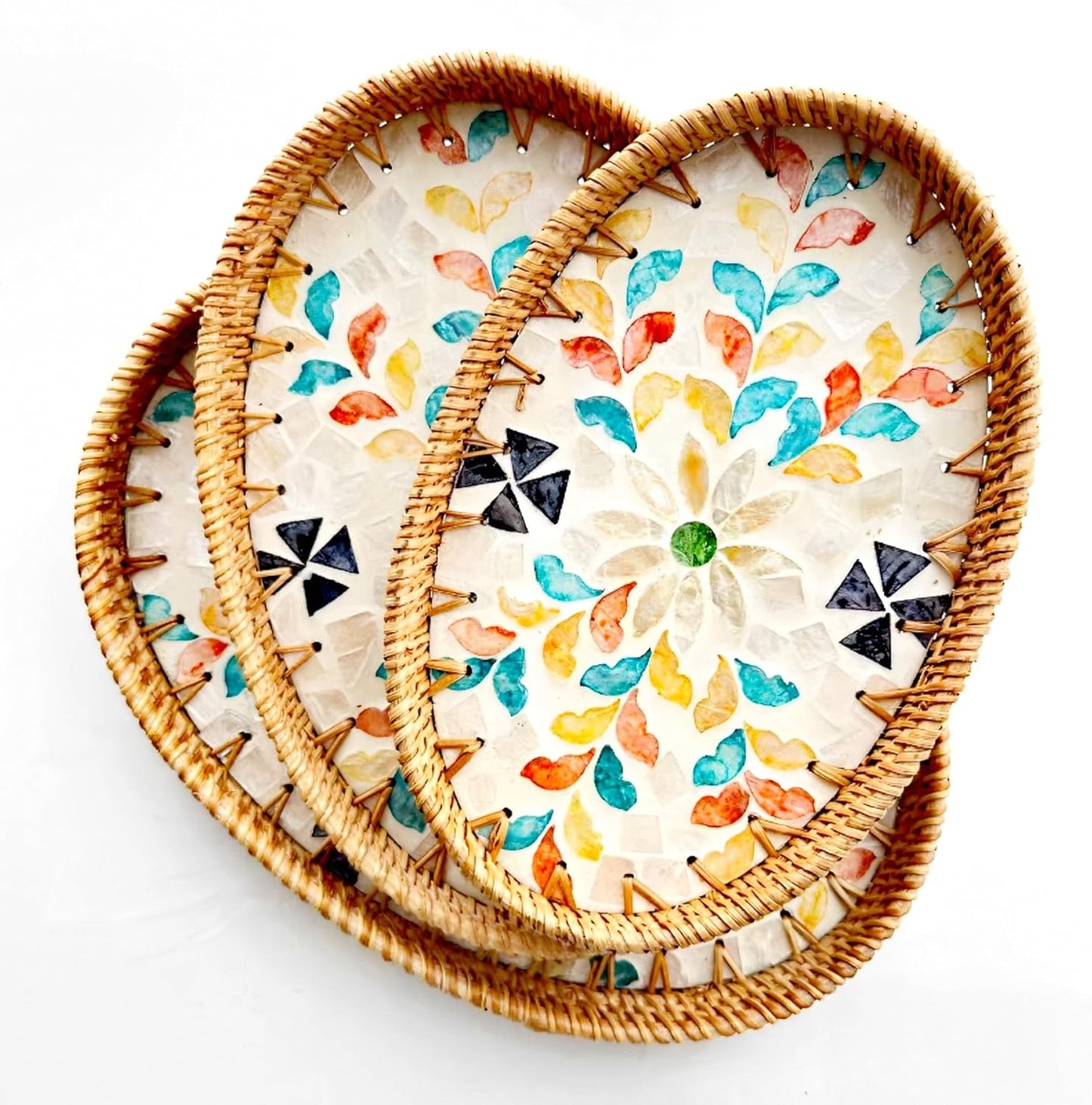 i-lan 3-Pack Oval Rattan Serving Trays with Mother of Pearl Inlay, 13/12/11 Inch Woven Platters for Home Decor, Coffee Table, Display, and Entertaining