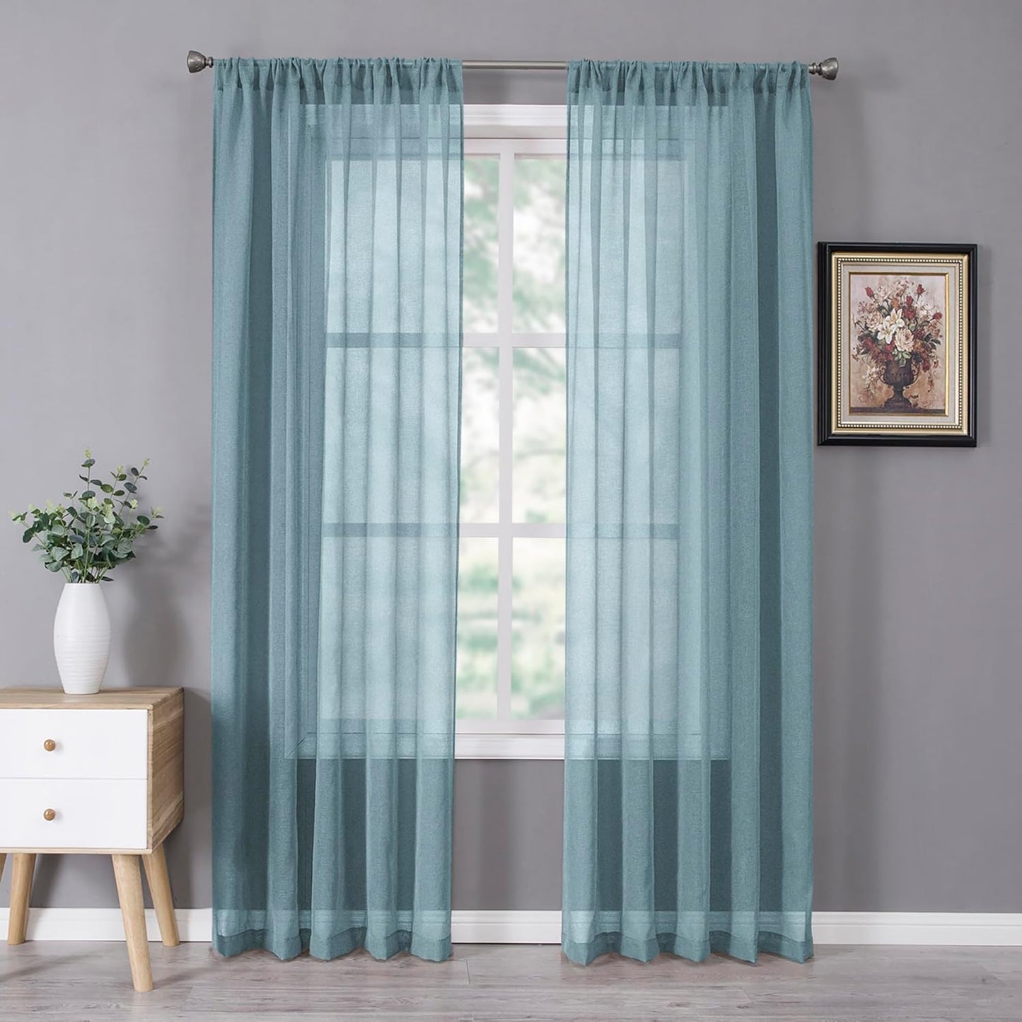 Tollpiz Sheer Curtain Linen Textured Bedroom Curtains Sheer Light Filtering Rod Pocket Voile Curtain for Living Room, 54 x 95 inches Long, Dusty Blue, Set of 2 Panels
