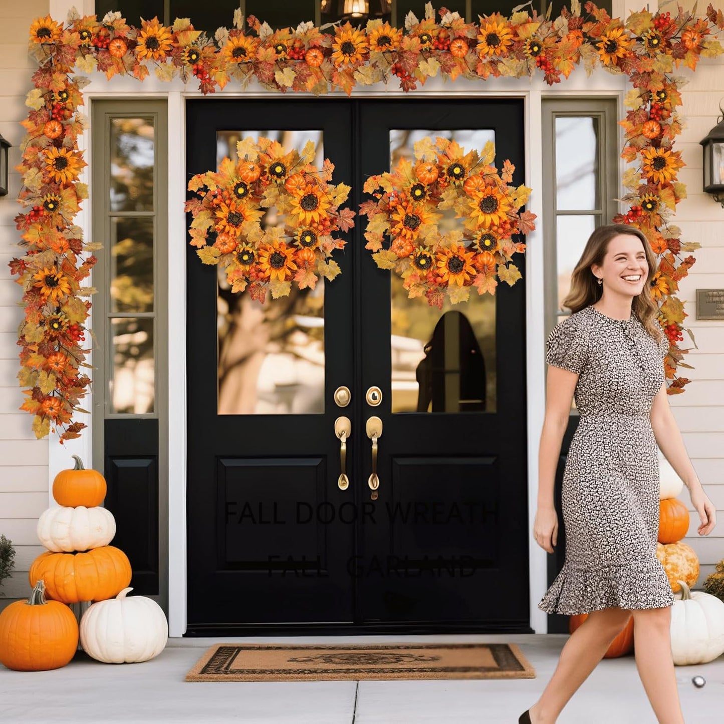 22 Inch Fall Wreath for Front Door with Sunflowers and Pumpkins, Artificial Autumn Harvest Wreath with Maple Leaves & Berries for Thanksgiving Holiday Home Decor Indoor Outdoor