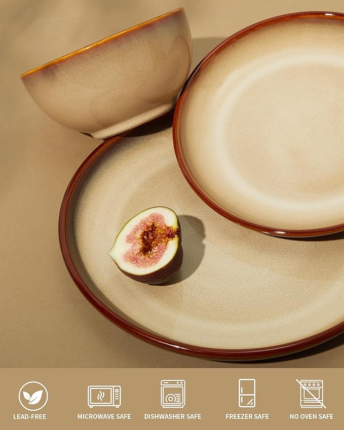 Ceramic Dishes Set for 8, 24 Piece Stoneware Dinnerware Sets, Chip and Scratch Resistant, Easy to Stack & Clean, Modern Rustic Look, Brown Yellow