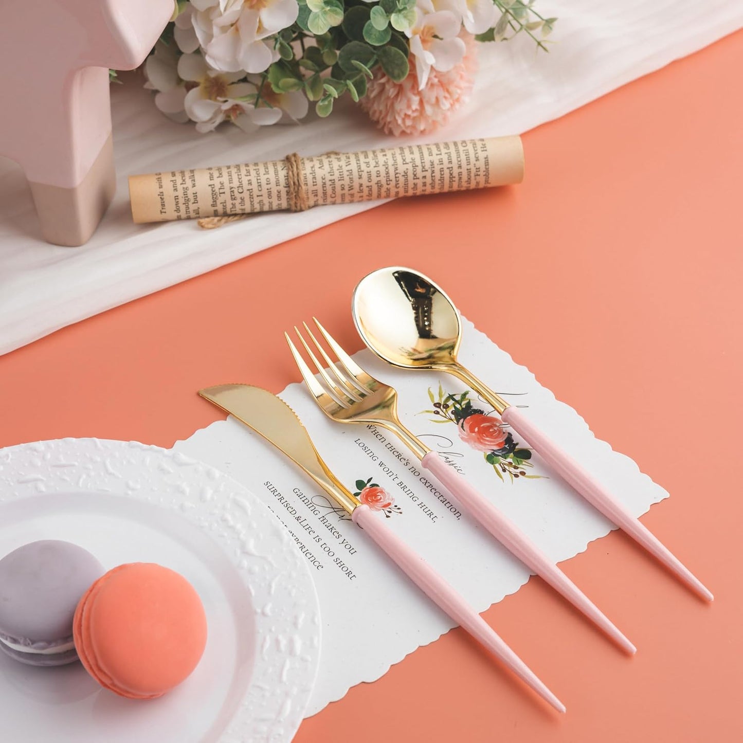 Lullaby 90PCS Gold Plastic Silverware, Gold Disposable Cutlery with Pink Handle Include 30 Forks, 30 Spoons, 30 Knives, Elegant Disposable Silverware for Wedding, Party and Mother's Day