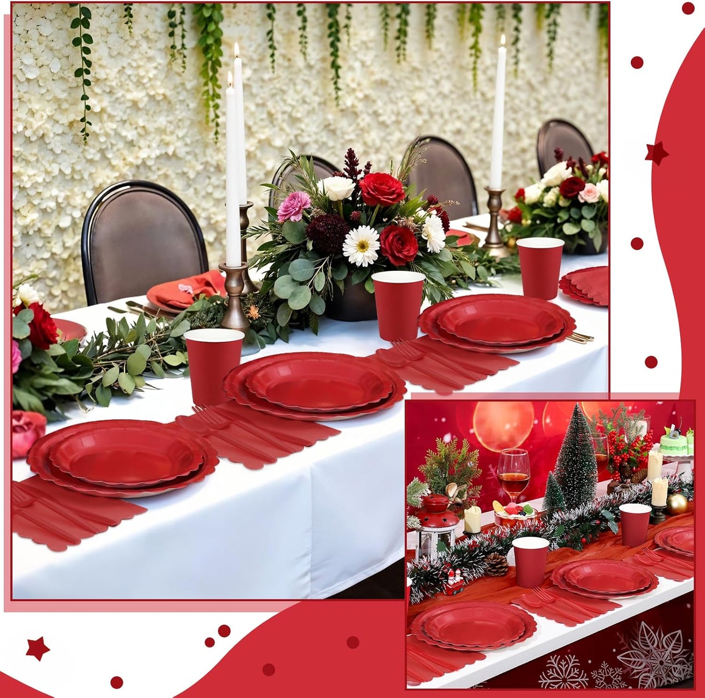 175 Pcs Red Plates and Napkins, 25 Guest Red Party Supplies Include Christmas Plates and Napkins Cups Plastic Spoons Forks Knives for Birthday, Christmas, Picnic