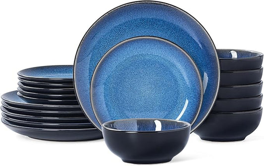 Plates and Bowls Sets for 6 - CJDC-QUELO 18-Piece Stoneware Dinnerware Sets, Ceramic Dishware Set for Indoor Kitchen Use and Formal Dining, Chip and Scratch Resistant Microwave Dishwasher Safe, Blue