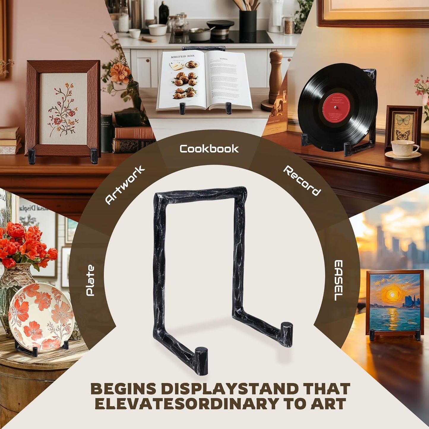 Plate Stands for Display Hand-Forged , Solid Vintage 8-Inch Plate Display Stand, Decorative Metal Plate Holder for Book, Platter, Plaque, Photo Frame, Tabletop Art (Black)