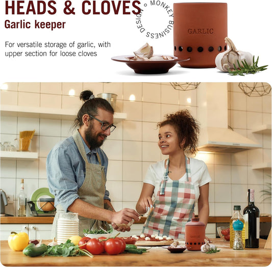 Monkey Business – Garlic Keeper – Terracotta Garlic Storage Container with Separate Ventilated Compartments for Whole Bulbs & Loose Cloves – Garlic Holder That Keeps Garlic Fresh & Kitchen Organized