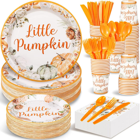 Dandat 350 Pcs Baby Shower Plates Set Baby Shower Party Supplies Serves 50 Tableware Sets Include Plates Napkin Cup Forks Knives Spoons Disposable Dinnerware(Little Pumpkin,Orange)