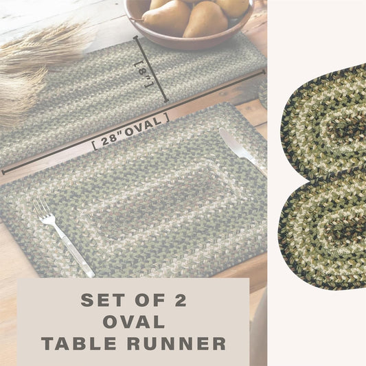 Homespice Pinecone Jute Braided Table Runner, Country Rustic Decor, Set of 2, Green Oval 8x28 - Rich Colors, Easy to Clean, Durable and Protects Furniture