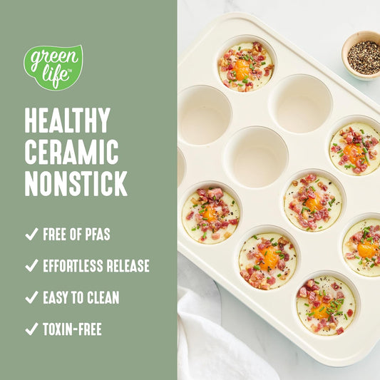 GreenLife 12-Cup Muffin Pan, Healthy Ceramic Nonstick Bakeware, PFOA & PFAS-Free Cupcake Tray, Durable Baking Pan, Versatile Kitchen Essential, Easy Clean Muffin Mold, Nonstick Baking Sheet, Sage