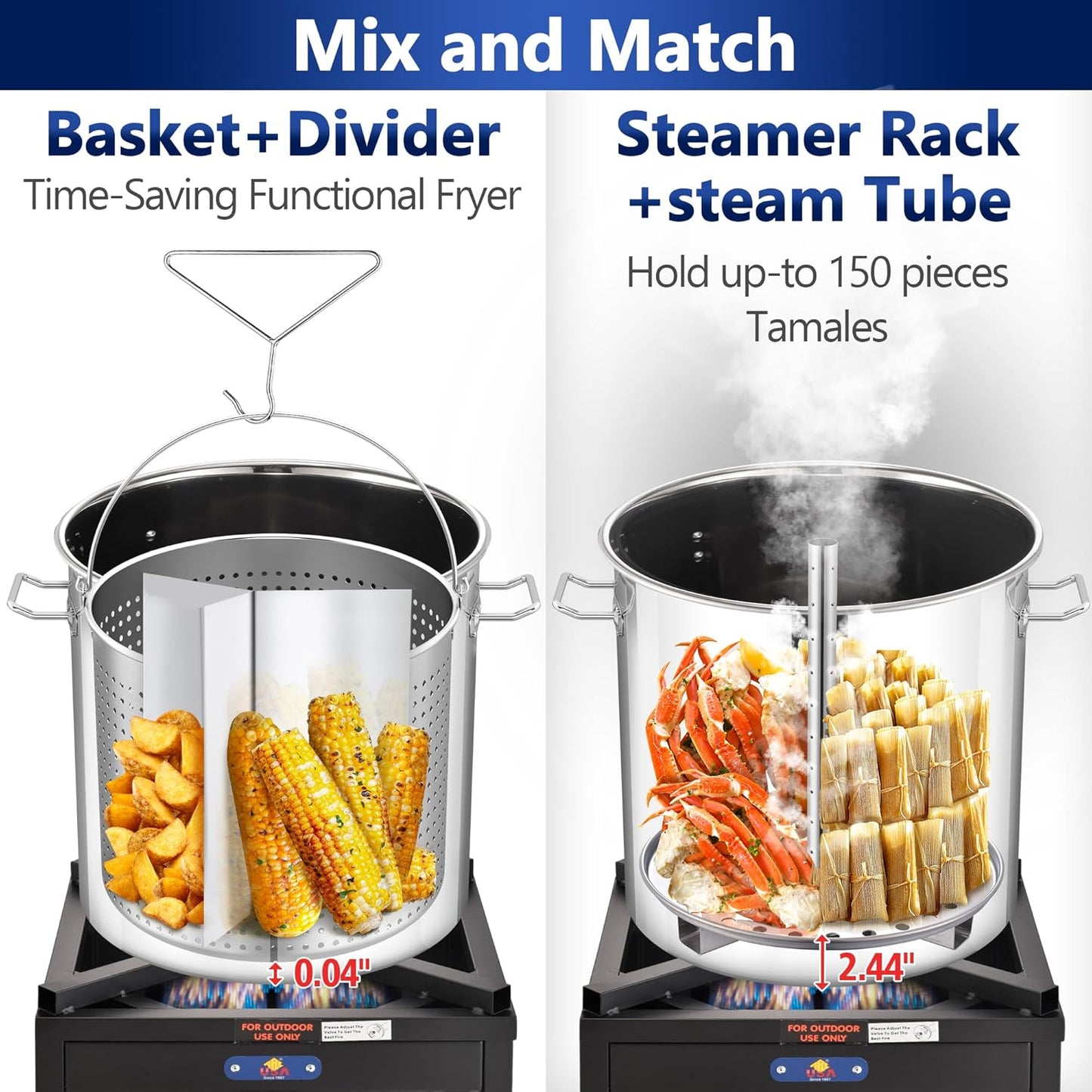 ARC 52QT Stainless Steel Stockpot for Crab Seafood Boiler Crawfish Pot with Basket and Steamer Rack, Outdoor Cooking Pot for Lobster Shrimp Boiling, Turkey Fryer and Tamales Steamer, 13 Gal